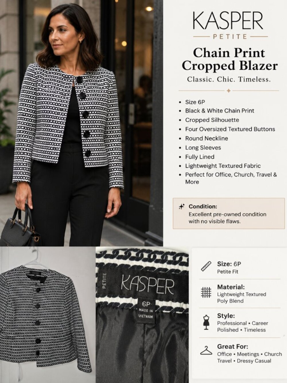 Kasper Petite 6P Black White Chain Print Cropped Blazer Career Jacket